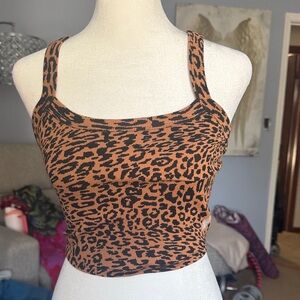 FP Movement by Free People Leopard Ribbed Square Neck Crop Top - Brown/Black